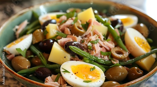 French salade ni? section oise with tuna, boiled eggs, potatoes, green beans, olives, and anchovies