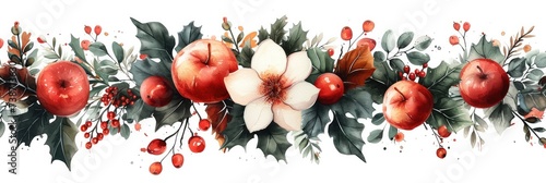 A lot of Christmas flower, green, fruits , water color style, vector, white background, top view. Generative AI.