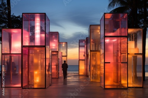 An outdoor modern art installation on a promenade, featuring illuminated glass boxes in warm orange and pink hues at dusk, with a silhouette of a person walking through