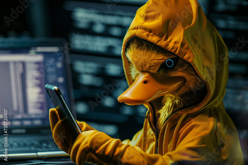 yellow duck wearing yellow hoodie in hacker character