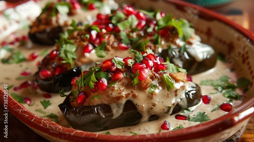 Mexican chiles en nogada stuffed with picadillo, topped with walnut cream sauce, pomegranate seeds, and parsley