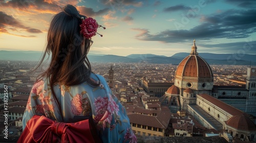 Back view of an Asian woman in Florence and Duomo. Italy