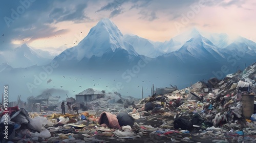 Garbage dump in the Himalayas at sunset, Nepal, Generative AI illustrations.