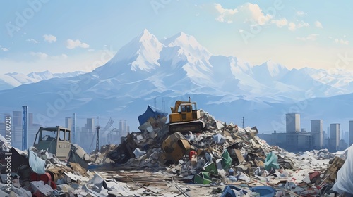 3D illustration of a garbage dump with a mountain in the background, Generative AI illustrations.