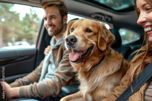A content man and his faithful canine companion embark on a joyous road trip in their trusty car, basking in the warmth of the sun and the wind in their hair as they explore the vastness of the great