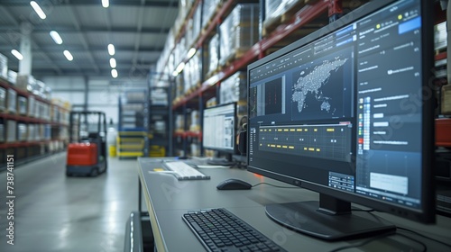 An advanced logistic software interface on a monitor with an operational AGV in the background, underscoring warehouse management innovation.