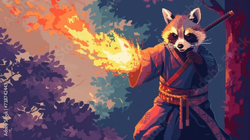 An animated anime raccoon engulfs in fiery chaos, bringing to life a fictional character that ignites our imagination and fuels our sense of adventure
