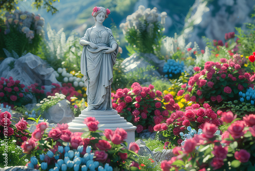 A sculpture of a Greek goddess in a blooming spring garden.