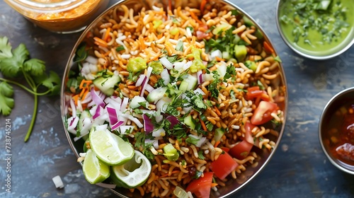 Indian bhel puri street snack made with puffed rice, chopped vegetables, and tangy chutneys