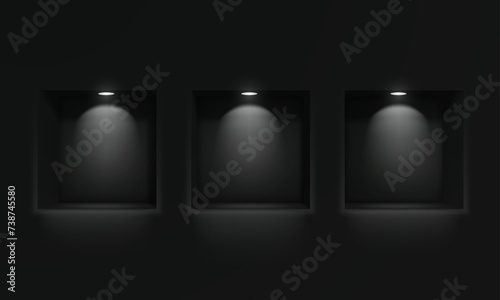 Three empty niches or shelves on a black wall with ice lamp lighting. Showcase, empty shelf for your product.