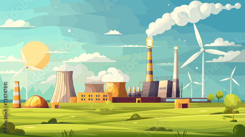 Renewable energy with traditional power generation methods. It features a scene with a large power plant in the center