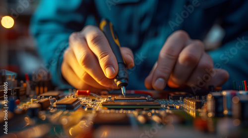 Close-up of an electrical engineer's hands using a multimeter to troubleshoot issues on a complex, illuminated circuit board.