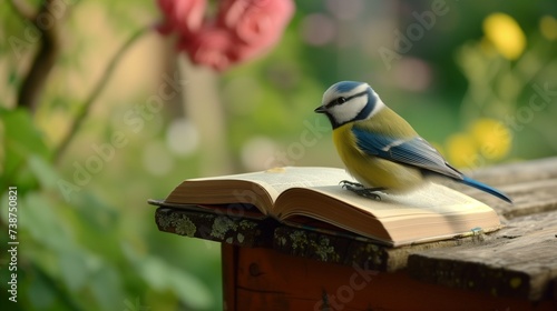 little blue tit bird sitting on the open book in the garden at summer. 