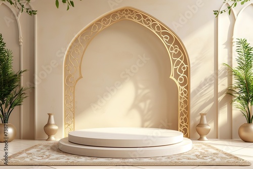 cream white podium with carpet cloth base with ramadan background. for product display presentation