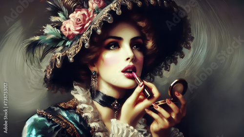 Oil painting, old picture, vintage style, young European woman wearing an aristocratic outfit, Apply lipstick to your lips., brightly colored picture