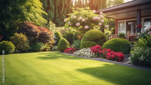Manicured lawns and flower beds with shrubs in the background. There is a backyard.