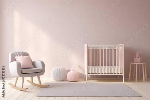 Minimalistic pink nursery with crib, rocking chair and accessories