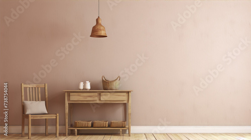 Wooden table with wicker baskets and a chair in front of a pink wall