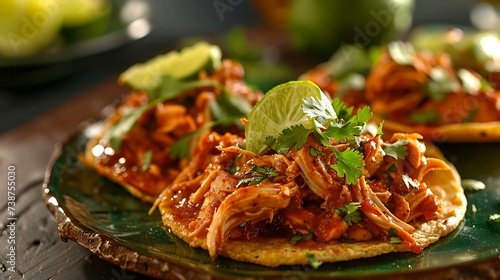 Mexican tinga de pollo shredded chicken in chipotle tomato sauce, served in tacos or tostadas