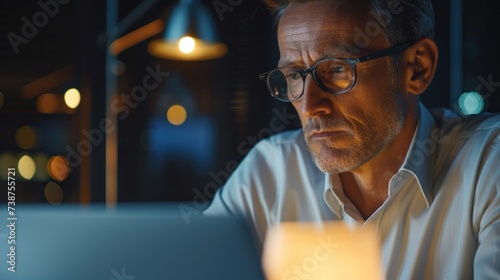 Ambitious middle-aged man using laptop computer sitting in modern office Mature man in glasses frames in a casual shirt. Seriously staring at the screen Copy area