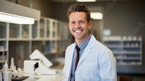 Happy pharmacist standing smiling in pharmacy