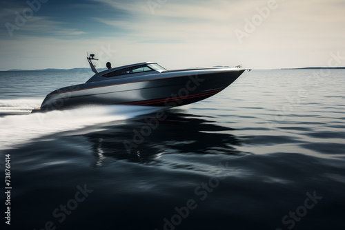 Sleek motorboat cruising on calm waters. Generative AI