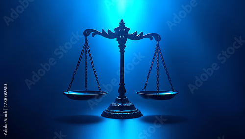 balance scales of justice silhouetted against blue ba
