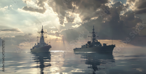 Battle ships moving to the surface of the water in the ocean