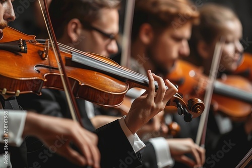 Melodic strains of classical music fill the air as a group of talented musicians, dressed in elegant attire, play their bowed instruments with precision and passion under the open sky
