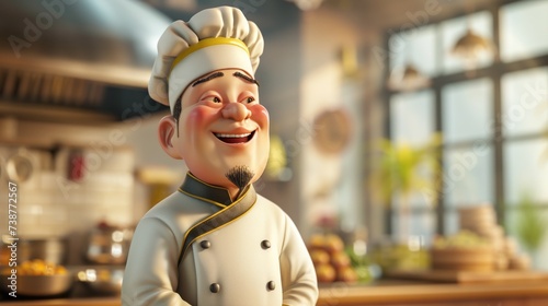 Personnage cartoon d'un chef cuisinier asiatique, cuisine en arrière-plan.