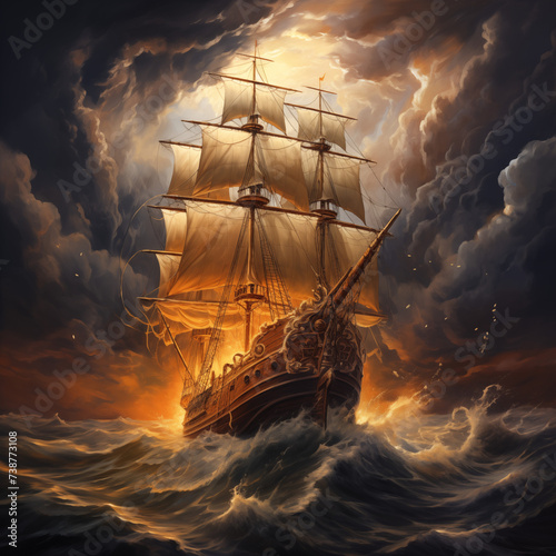 a byzantine old ship sailing through a storm, clouds, high waves, lightnings, ambience, 4K resolution, Byzantine hagiography technique, orthodox painting style, church paintings style