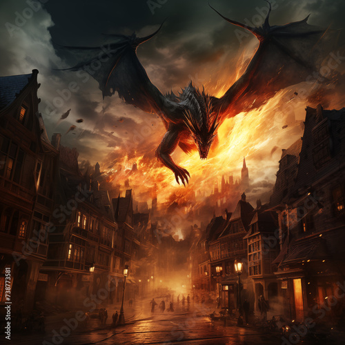 big city in gothic fantasy setting, at night, a dragon is flying over the houses, spitting fire on the streets, people are fleeing