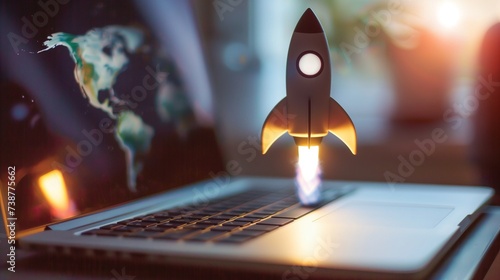 Sleek, futuristic rocket blasting off from an open laptop screen, symbolizing a dynamic and powerful concept for launching a successful startup business in the tech industry.