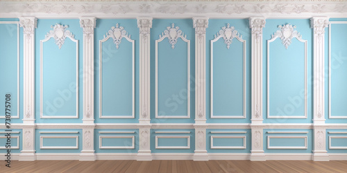 Blue and white vintage room with columns, pilasters and moldings