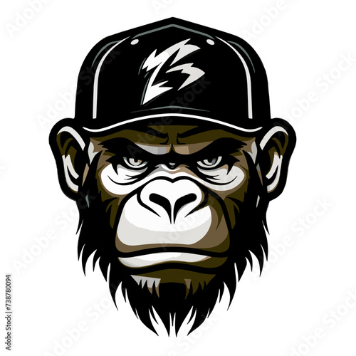 Vector illustration of a gorilla head in a cap with lightning on a white background