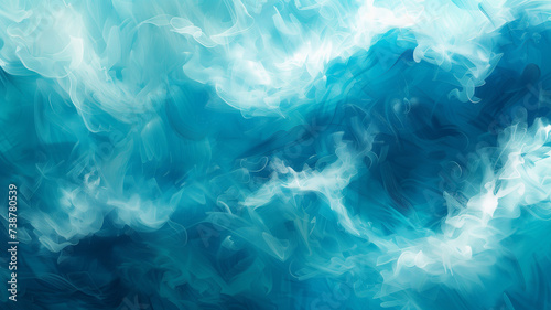 A close-up view of a wave cresting, with droplets suspended in mid-air, showcasing a spectrum of blue to teal.