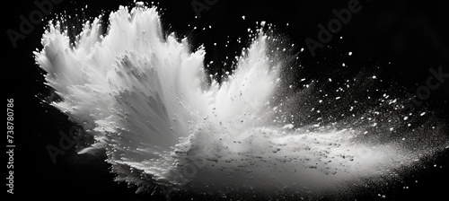 White powder explosion isolated on black background. White dust particles splash.Color Holi Festival. 