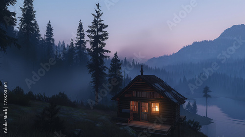 The peaceful solitude of a mountain cabin at dawn.