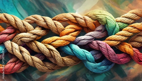 close up of a rope, Team rope diverse strength connect partnership together teamwork unity communicate support. Strong diverse network rope team concept integrate braid color background cooperation em