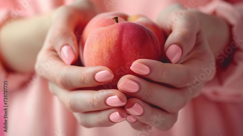 A woman with beautiful pink nail makeup holds peaches in her hands.