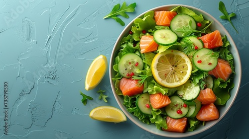 A fresh salmon salad with lettuce, cucumber, lemon slices, and pink peppercorns on a blue background