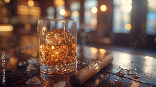 A glass of whiskey with ice on a wooden bar next to a cigar and scattered ice