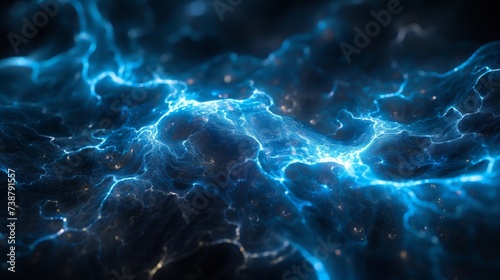 The image depicts an abstract blue neon plasma design, resembling electricity or neural activity, with intricate details