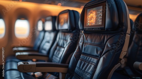 Airplane interior with rows of empty black leather seats and individual entertainment screens on backrests