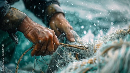 Close-up of a fishing net being repaired by a fisherman on a boat, intricate details of the net and tools, with the vast sea providing a tranquil background, capturing the dedication behind the catch