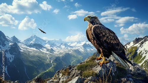 Adult bald eagle on a mountain top observing prey with its sharp eyes