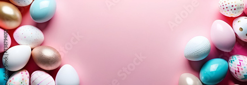 Easter pink banner. Easter shiny, mother-of-pearl egg background. Realistic image for banners, flyers, greeting cards, posters and printed products