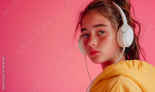 zdjęcie studyjne nastoletniej dziewczyny w białych słuchawkach na różowym tle, portret