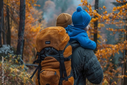 A father and his young daughter, bundled up for a chilly autumn hike, share a playful moment as they carry a beloved stuffed teddy bear in their backpack, surrounded by the vibrant colors of the chan