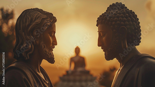 A harmonious exchange between Jesus and Buddha exploring the similarities and differences in their philosophies and teachings
